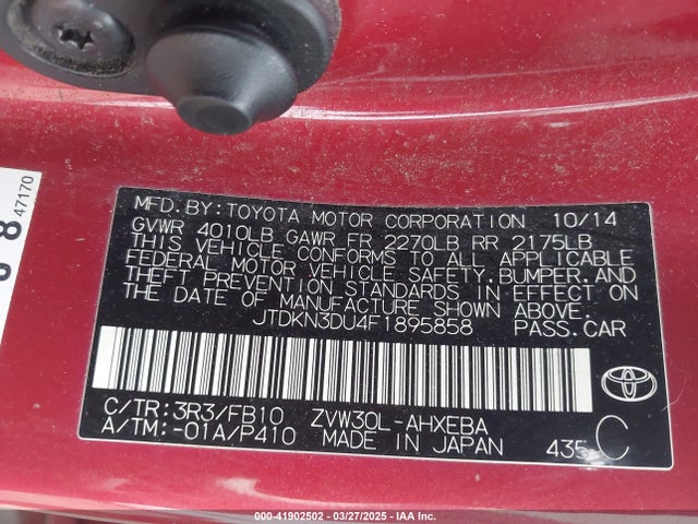 JTDKN3DU4F1895858 Toyota Prius Three