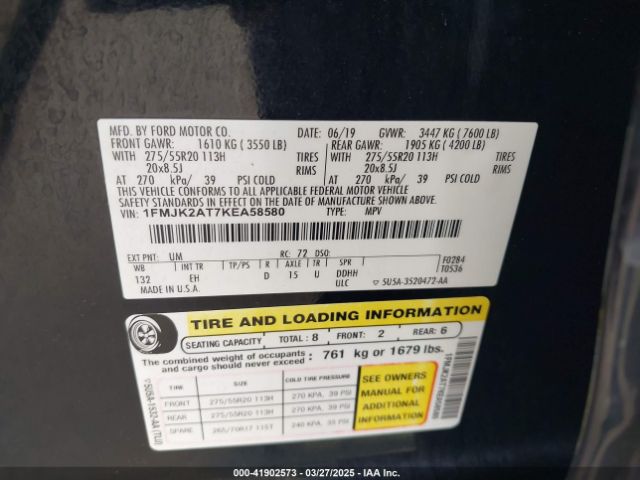 1FMJK2AT7KEA58580 Ford Expedition Max Limited