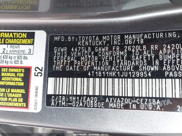 4T1B11HK1JU129954 Toyota CAMRY SE