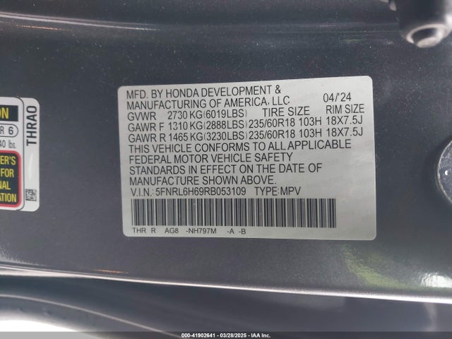 5FNRL6H69RB053109 Honda Odyssey Ex-l