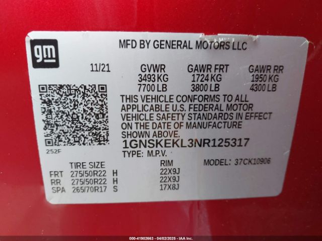 1GNSKEKL3NR125317 Chevrolet Suburban 4wd Rst