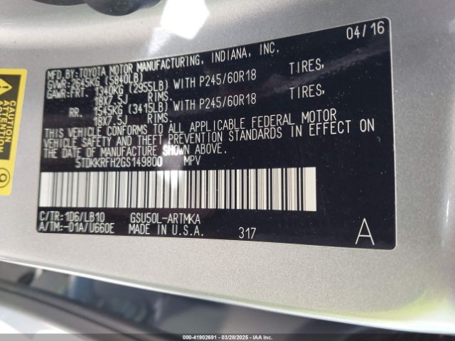 5TDKKRFH2GS149800 Toyota Highlander Xle V6