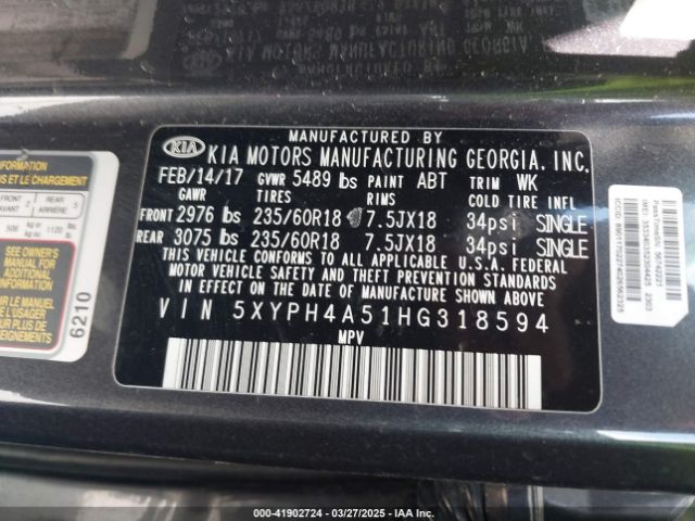 5XYPH4A51HG318594 KIA Sorento 3.3l Ex
