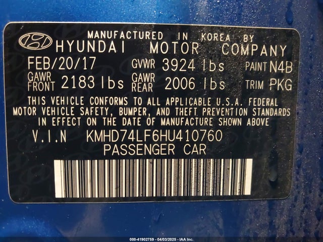 KMHD74LF6HU410760 Hyundai ELANTRA SE