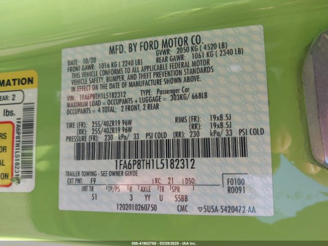 1FA6P8TH1L5182312 Ford Mustang Ecoboost Premium Fastback