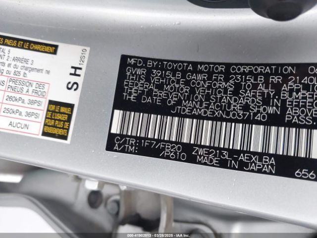 JTDEAMDEXNJ037140 Toyota Corolla Hybrid Le