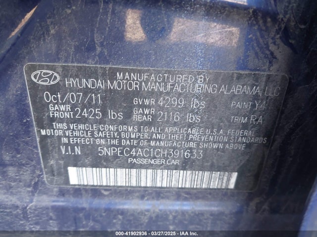 Aukcja sprzedaży 2012 Hyundai Sonata Se, vin: 5NPEC4AC1CH391633, numer aukcji: 41902936