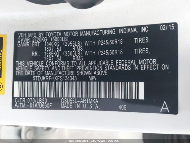 5TDJKRFHXFS134343 Toyota Highlander Xle V6