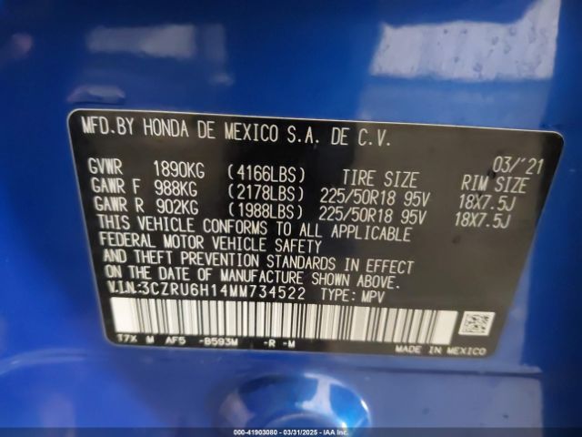 3CZRU6H14MM734522 Honda Hr-v Awd Sport