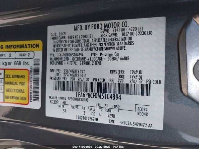 1FA6P8CF0M5104894 Ford Mustang Gt Premium Fastback