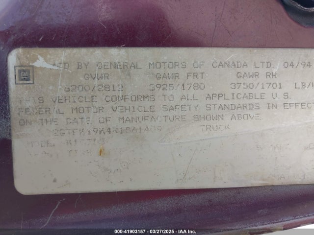 41903157 :رقم المزاد ، 2GTEK19K4R1561409 vin ، 1994 Gmc Sierra K1500 مزاد بيع