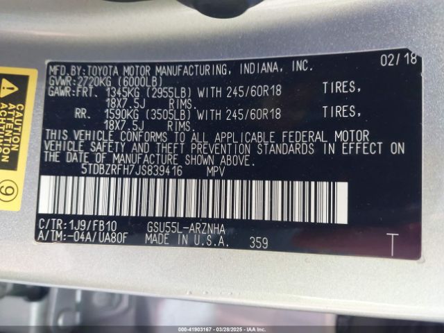 5TDBZRFH7JS839416 Toyota Highlander Le