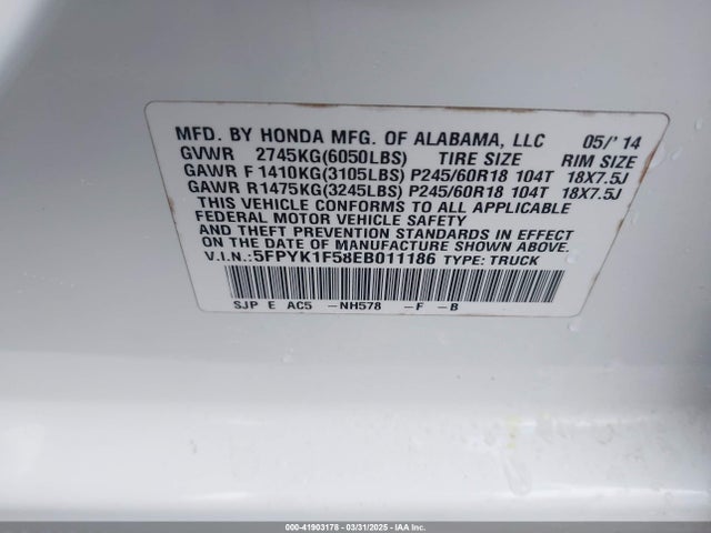 5FPYK1F58EB011186 Honda Ridgeline Rtl