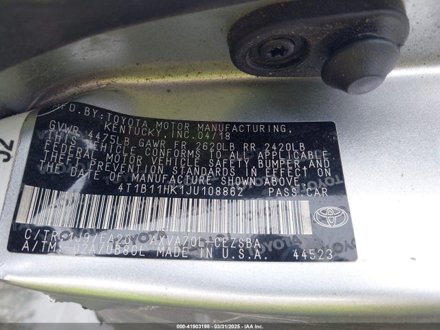4T1B11HK1JU108862 Toyota CAMRY SE