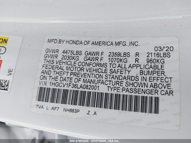 1HGCV1F36LA082001 Honda Accord Sport
