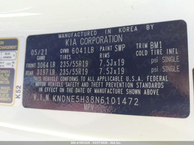 KNDNE5H38N6101472 KIA Carnival Mpv Sx