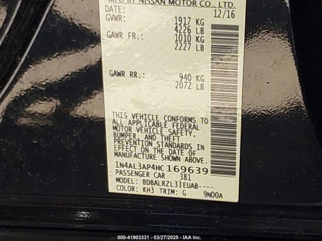1N4AL3AP4HC169639 Nissan Altima 2.5 Sl