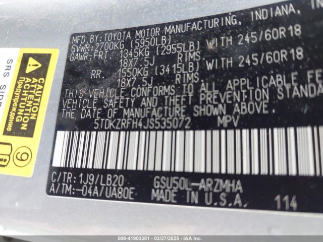5TDKZRFH4JS535072 Toyota Highlander Xle