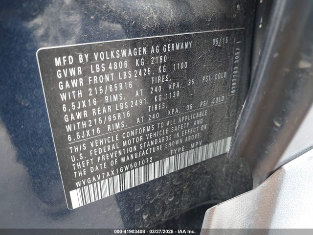WVGAV7AX1GW501072 Volkswagen TIGUAN S