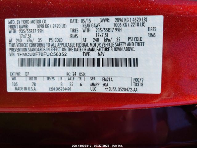 1FMCU0F70FUC56352 Ford ESCAPE S