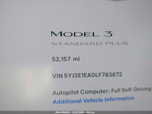 5YJ3E1EA0LF783672 Tesla Model 3 Standard Range Plus Rear-wheel Drive/standard Range Rear-wheel Drive