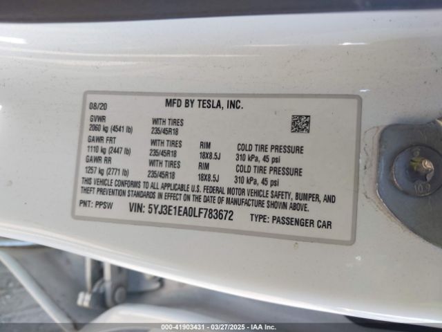 5YJ3E1EA0LF783672 Tesla Model 3 Standard Range Plus Rear-wheel Drive/standard Range Rear-wheel Drive