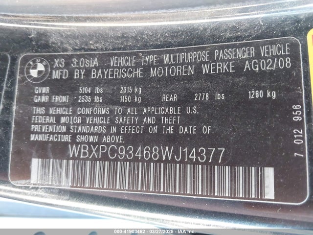 Aukcja sprzedaży 2008 Bmw X3 3.0si, vin: WBXPC93468WJ14377, numer aukcji: 41903462