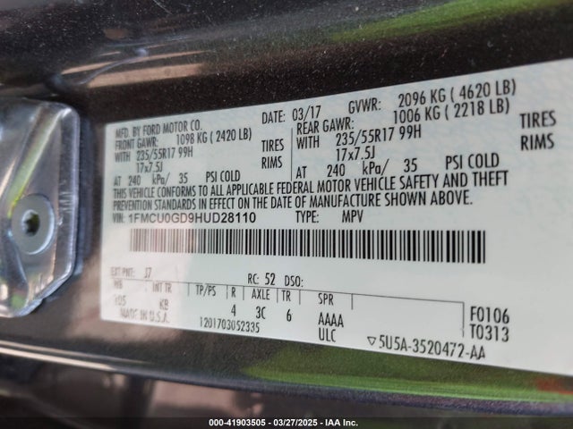 1FMCU0GD9HUD28110 Ford ESCAPE SE