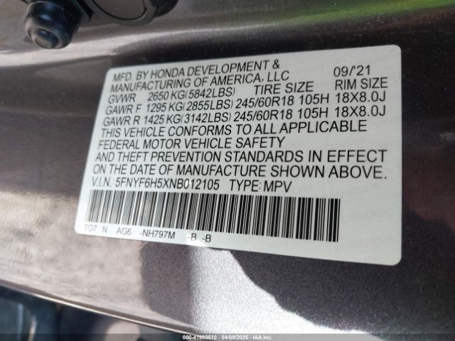 5FNYF6H5XNB012105 Honda Pilot Awd Ex-l