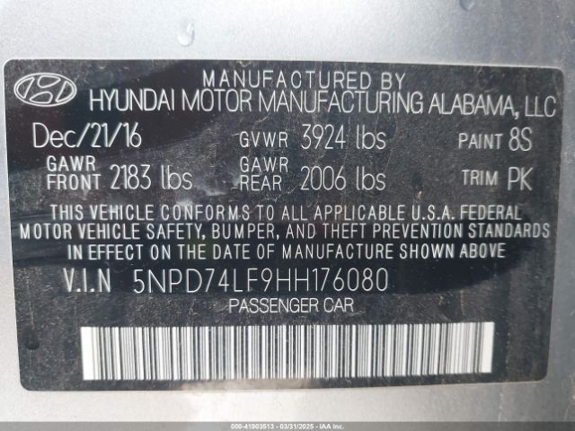 5NPD74LF9HH176080 Hyundai ELANTRA SE