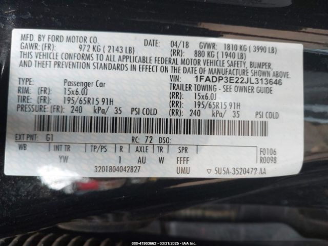 1FADP3E22JL313646 Ford FOCUS S