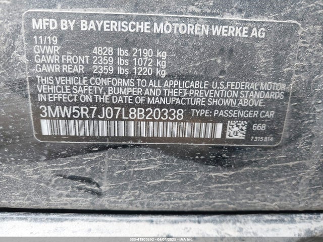 41903692 :رقم المزاد ، 3MW5R7J07L8B20338 vin ، 2020 Bmw 330i Xdrive مزاد بيع