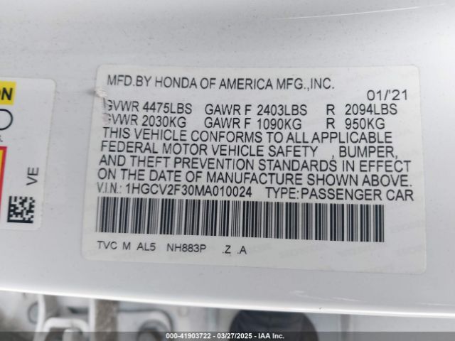 1HGCV2F30MA010024 Honda Accord Sport 2.0t