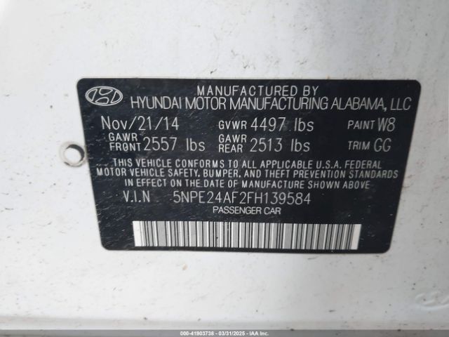 5NPE24AF2FH139584 Hyundai SONATA SE