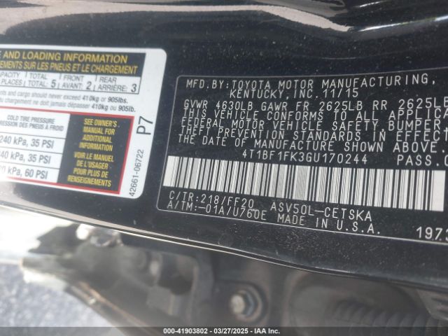 4T1BF1FK3GU170244 Toyota CAMRY SE