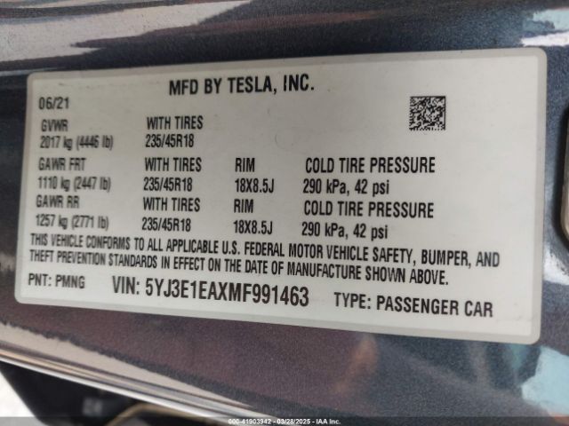 5YJ3E1EAXMF991463 Tesla Model 3 Standard Range Plus Rear-wheel Drive