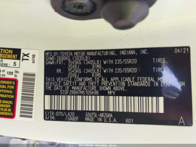 5TDFZRBH7MS109498 Toyota Highlander Platinum