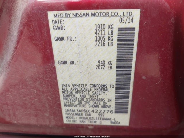 1N4AL3AP6EC422276 Nissan Altima 2.5 Sv