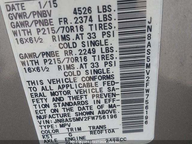 Продаж на аукціоні авто 2015 Nissan Rogue Select S, vin: JN8AS5MV2FW756196, номер лоту: 41903985