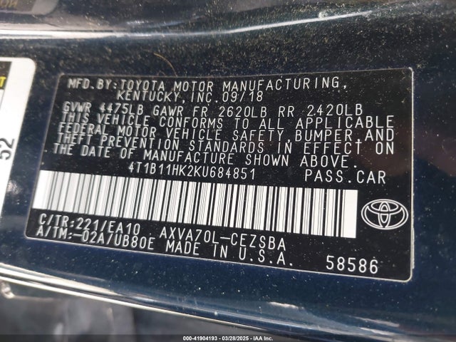4T1B11HK2KU684851 Toyota CAMRY SE