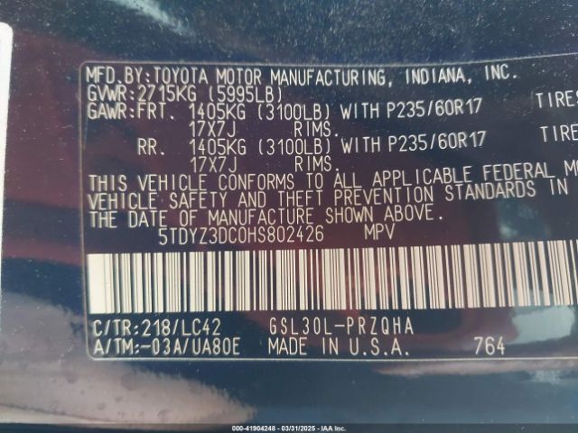 5TDYZ3DC0HS802426 Toyota Sienna Xle 8 Passenger