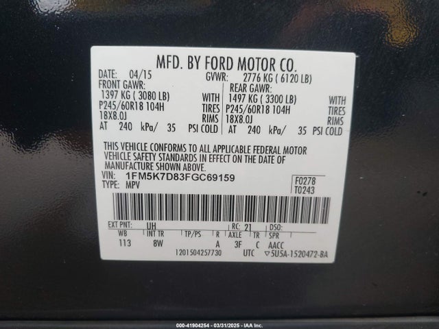 Продажа на аукционе авто 2015 Ford Explorer Xlt, vin: 1FM5K7D83FGC69159, номер лота: 41904254