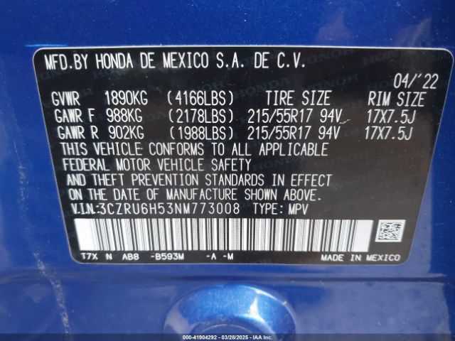 3CZRU6H53NM773008 Honda Hr-v Awd Ex