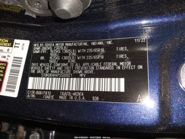 5TDKDRAH4PS500921 Toyota Highlander L