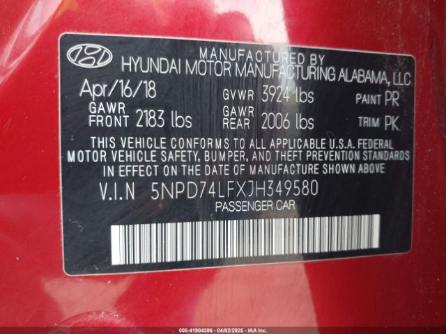 5NPD74LFXJH349580 Hyundai ELANTRA SE