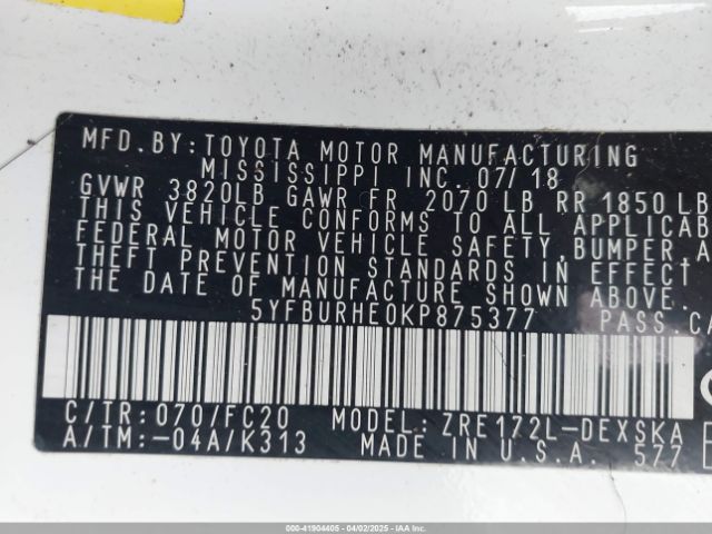 5YFBURHE0KP875377 Toyota COROLLA SE
