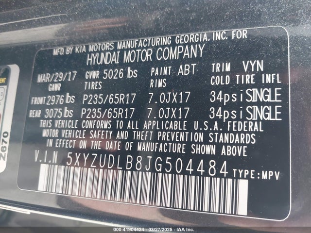 5XYZUDLB8JG504484 Hyundai Santa Fe Sport 2.4l