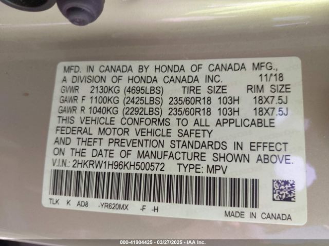 2HKRW1H96KH500572 Honda Cr-v Touring