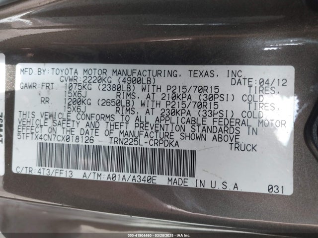 2012 Toyota Tacoma მანქანა იყიდება აუქციონზე, vin: 5TFTX4CN7CX018126, აუქციონის ნომერი: 41904460