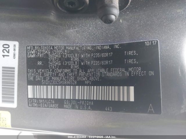 5TDYZ3DC5HS896528 Toyota Sienna Xle 8 Passenger